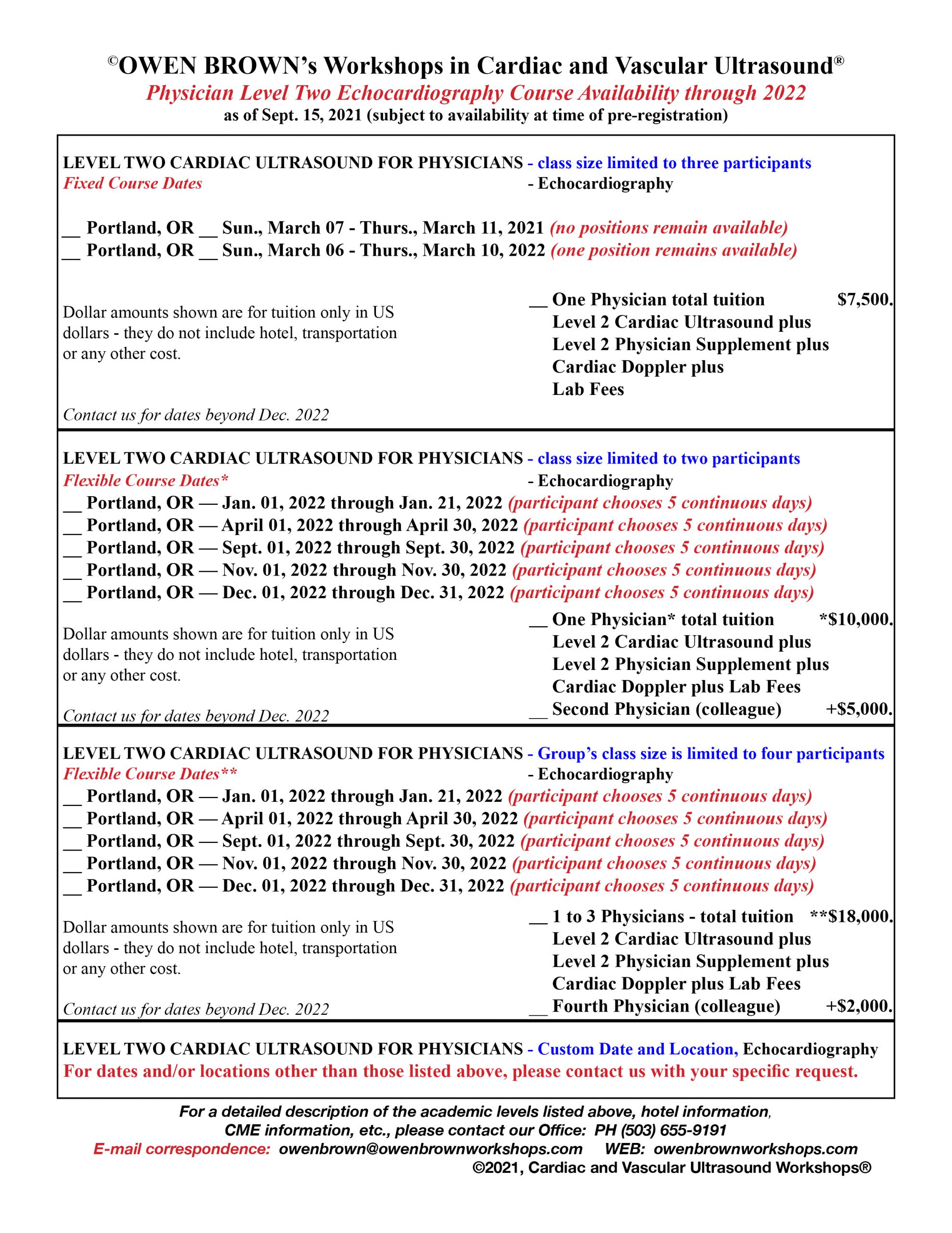 Additional Course Dates and Locations for Physicians Level 2 and Doppler |  Owen Brown's Workshops Main Site Menu